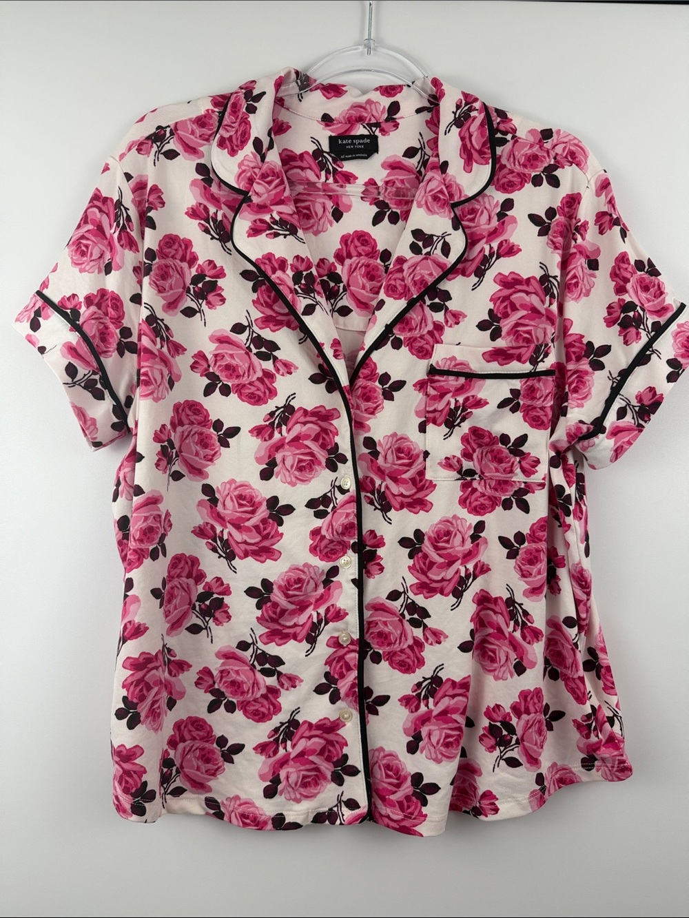 Kate Spade Pink Rose Floral Pajama Set Black Trim XL - Picture 6 of 11